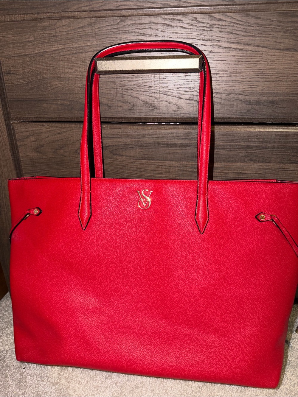 Victoria's Secret Red Pebbled Tote with Gold Logo